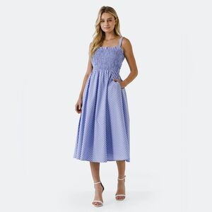 English Factory Blue and White Striped Smocked Midi Dress